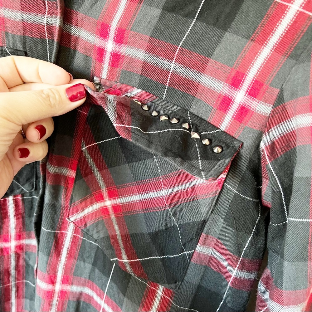 Zara Woman Premium Tartan Plaid Studded Pocket Fray Hem Shirt Dress Red Black XS - Picture 9 of 13